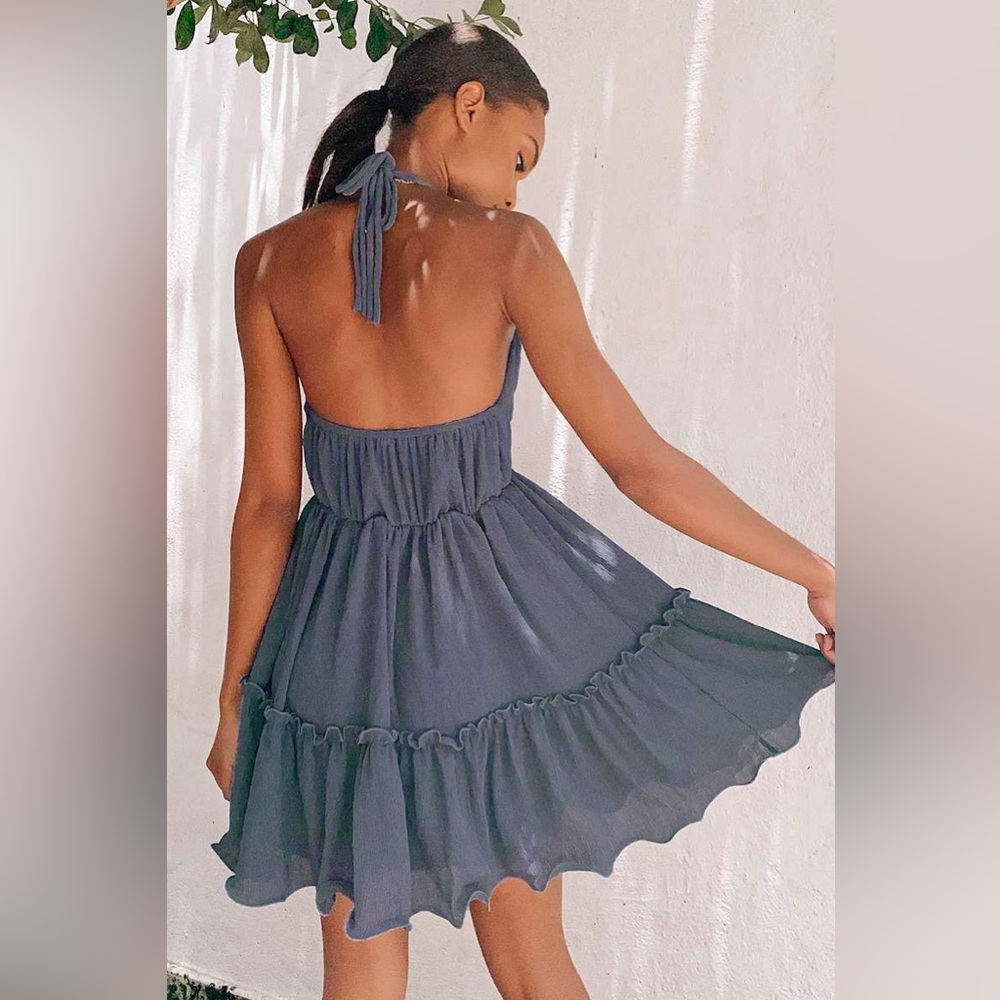 Lulu's Slate Gray Backless Halter Tiered Mini Dress - Picture 7 of 11